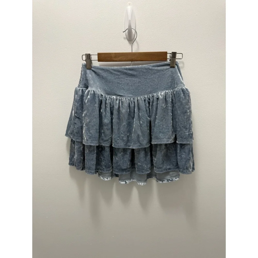 Gap Kids Girls XXL 14-16 Dusty Blue Crushed Velvet Tiered Ruffle Mini Skirt